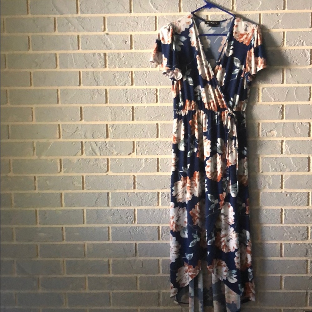 Royal blue with roses short sleeve dress